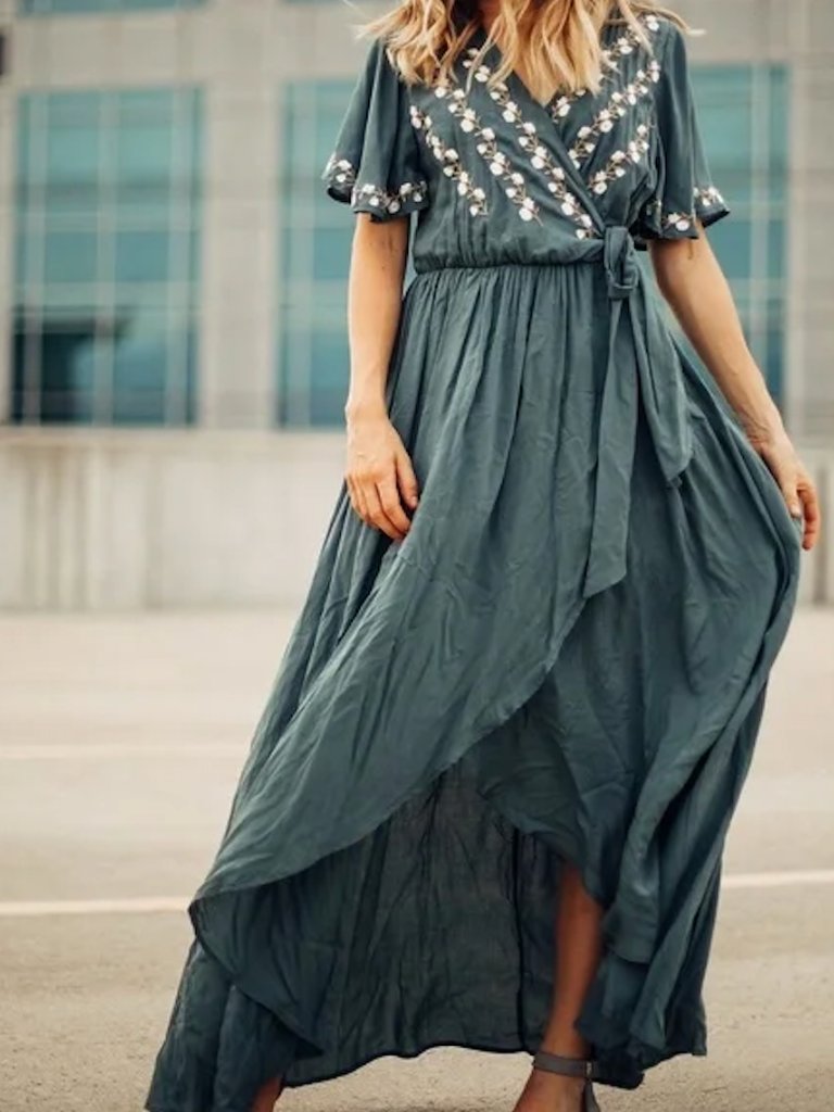Embroidered Wrap Dress In Jade From Piper & Scoot